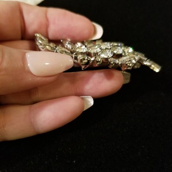 Vintage Clear Rhinestone Brooch Pin Leaf Cluster - Picture 6 of 8
